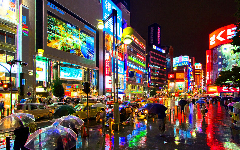 Rainy night in a neon city