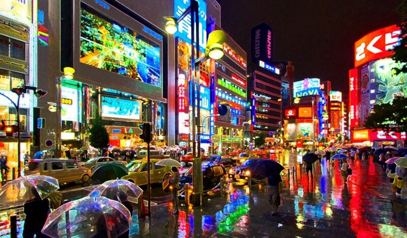 rainy night in a neon city