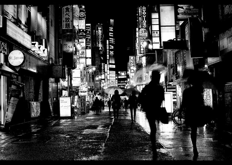 rainy night in a neon-lit city