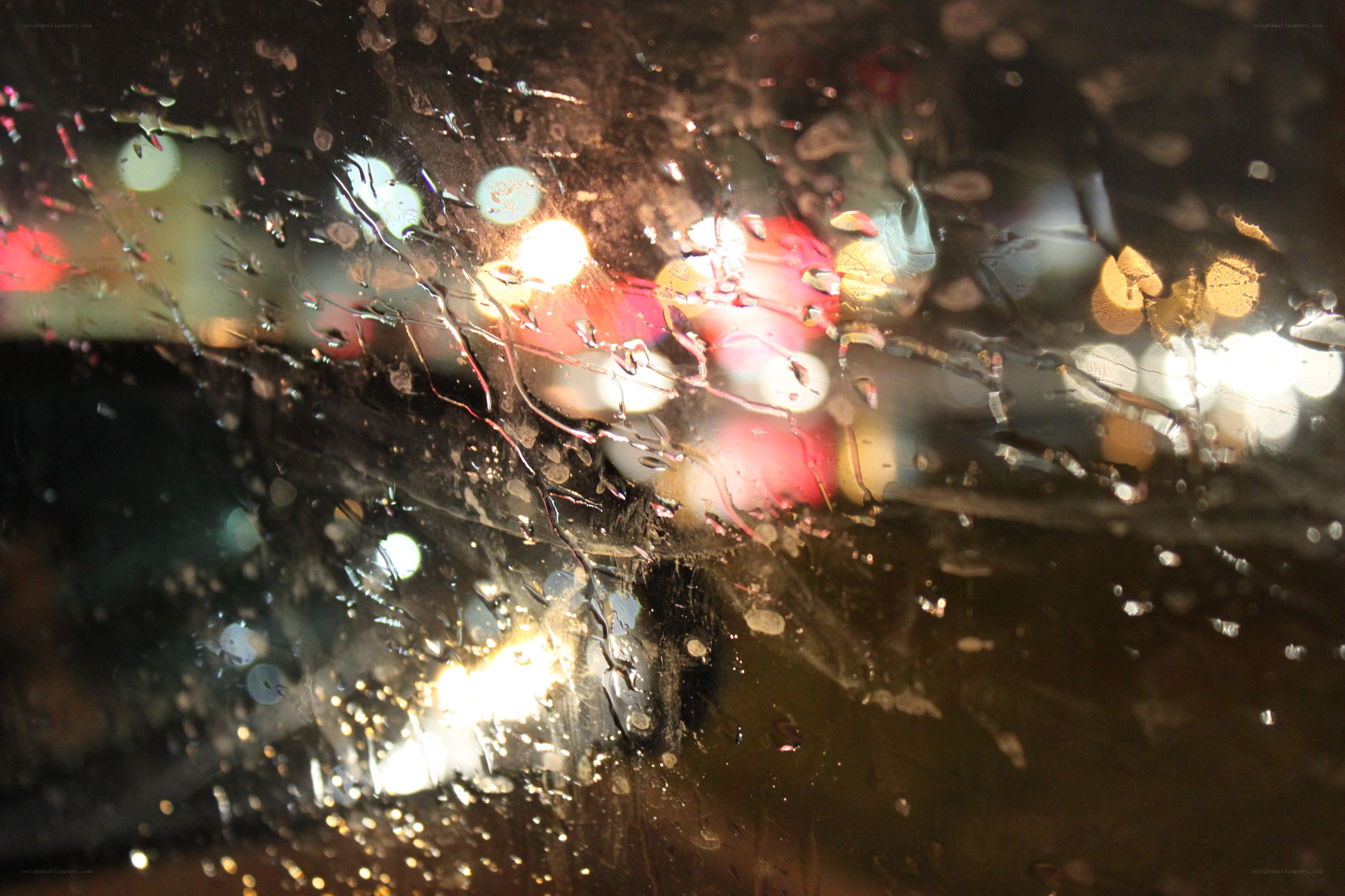 rainy night lights through glass