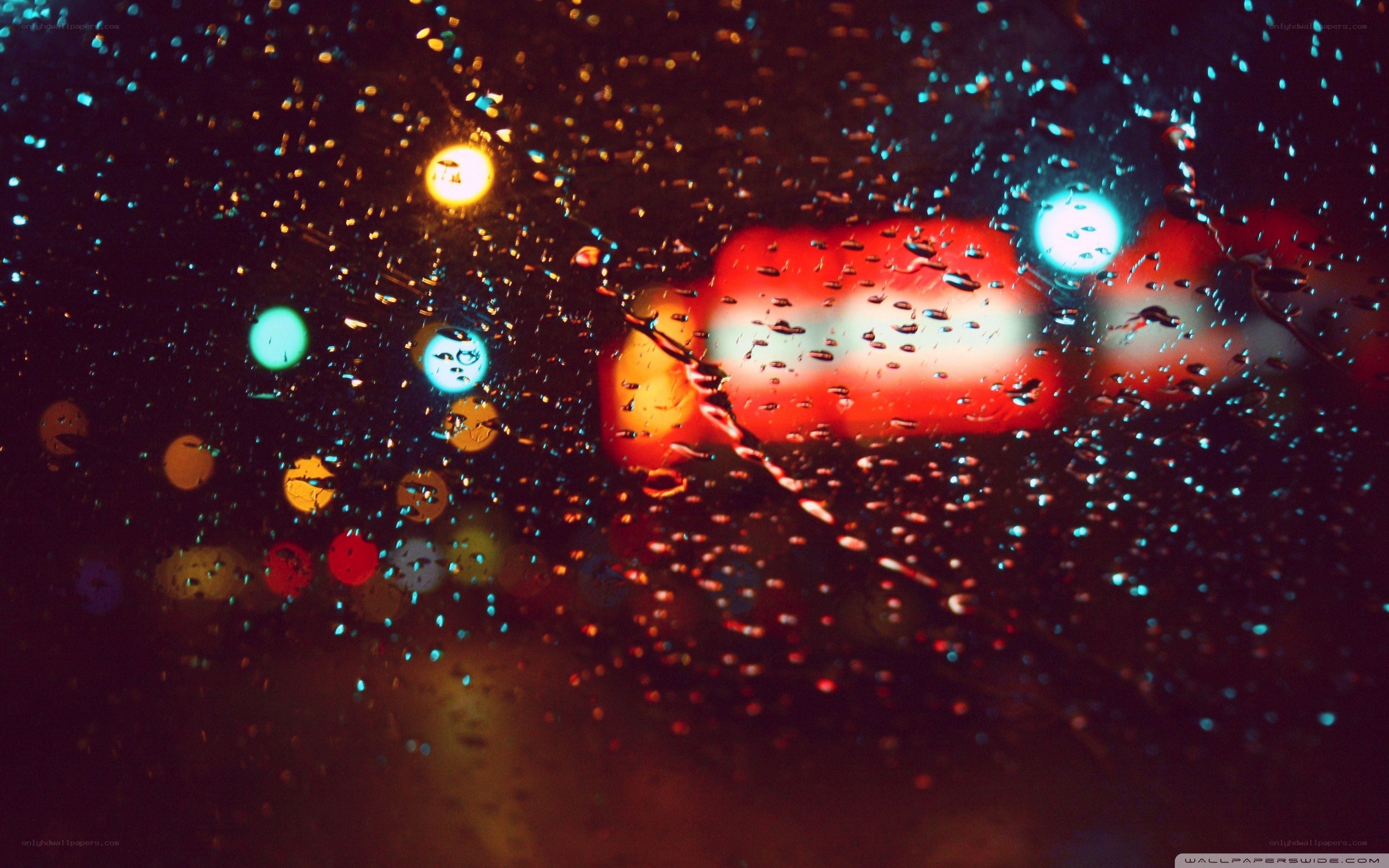 rainy night lights through glass