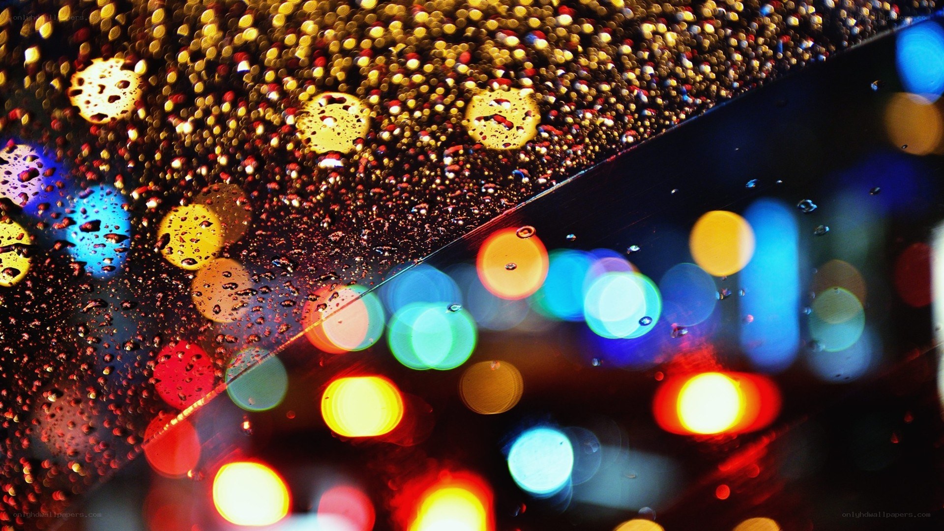 rainy night lights through glass