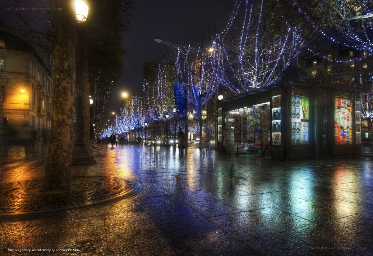 Rainy night on a decorated street