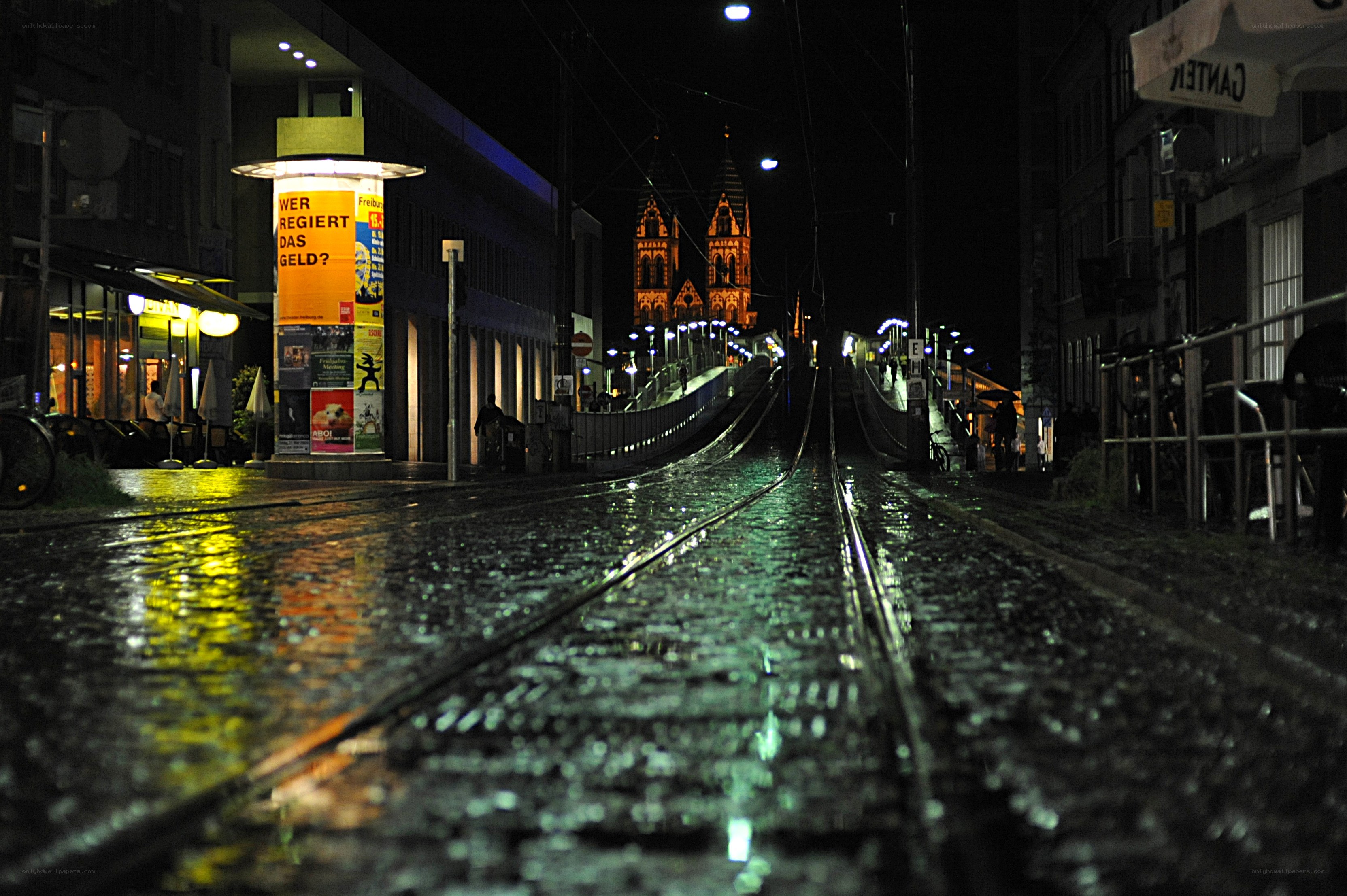 Rainy night on a tram track
