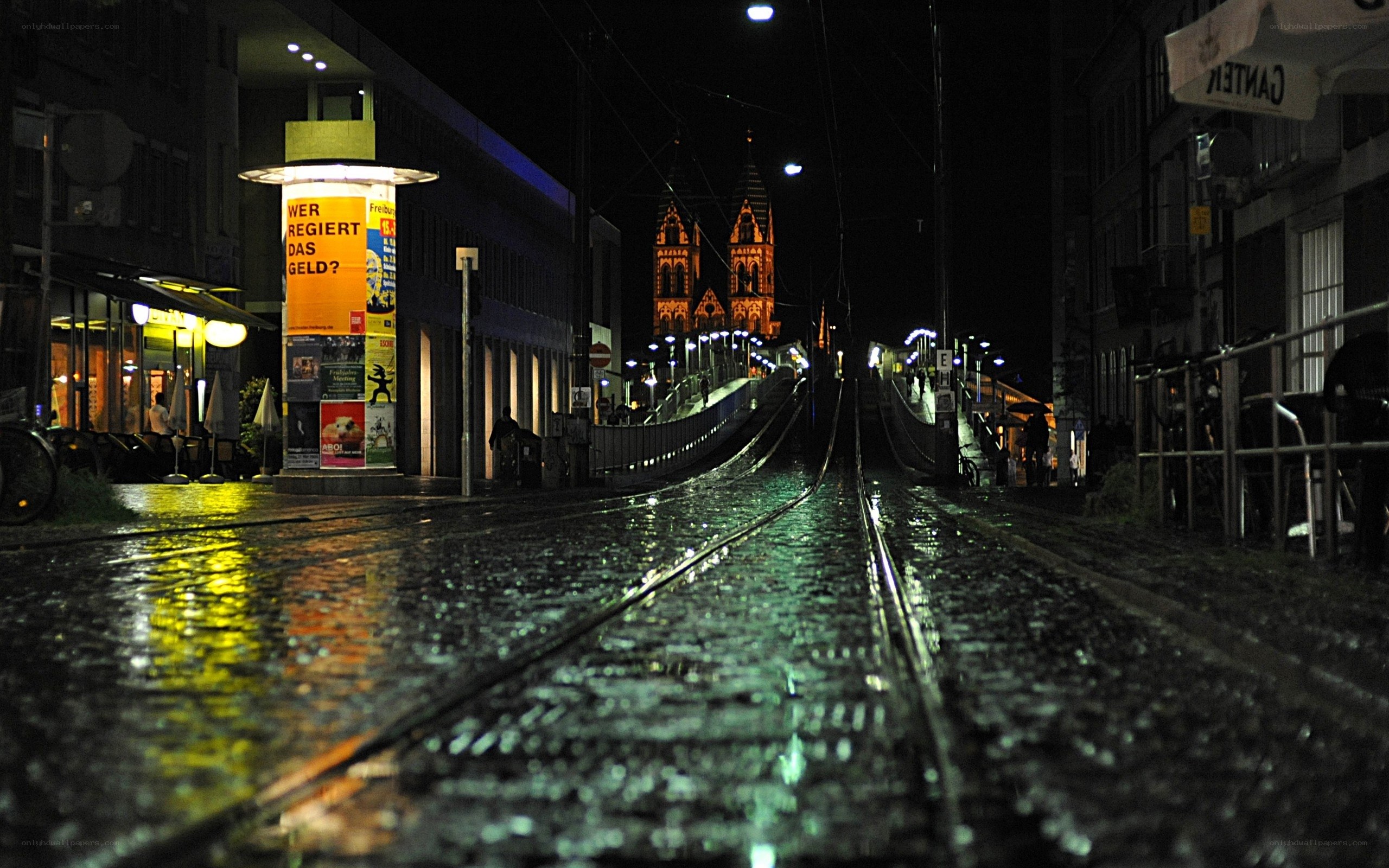 Rainy night on a tramway street