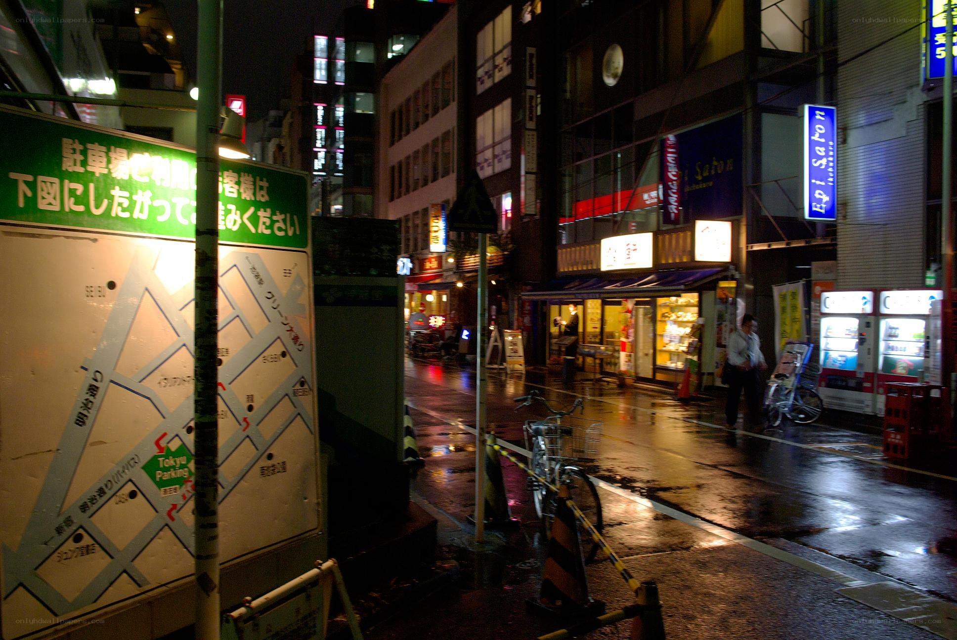 rainy night street in tokyo