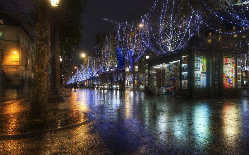 Rainy night with festive lights