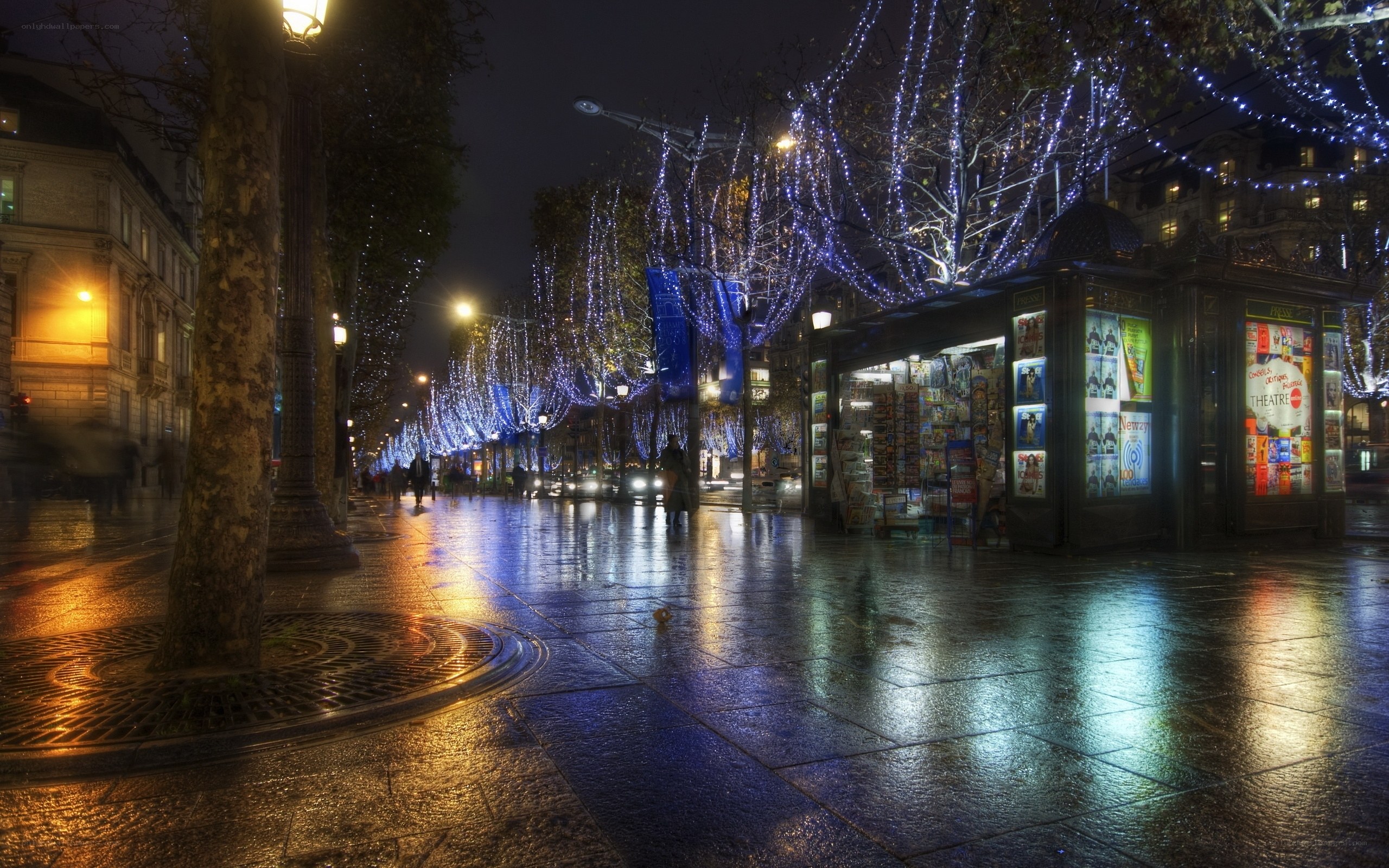 Rainy night with festive lights