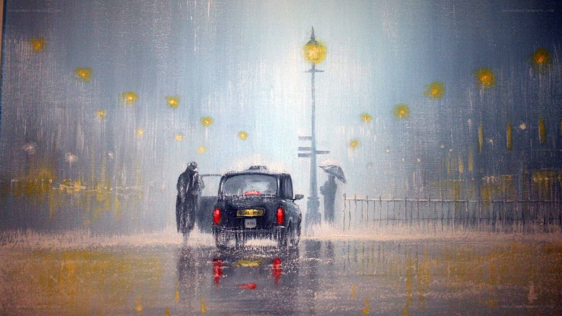 Rainy night with taxi
