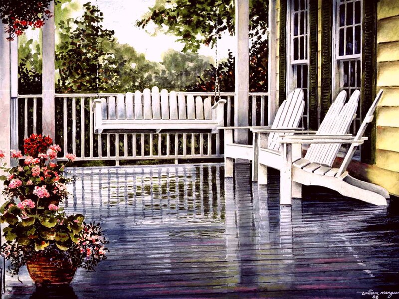 Rainy porch with white furniture