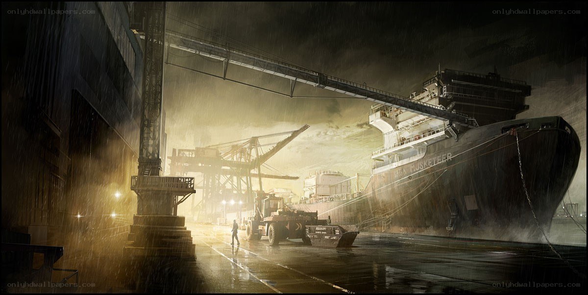 Rainy port at night