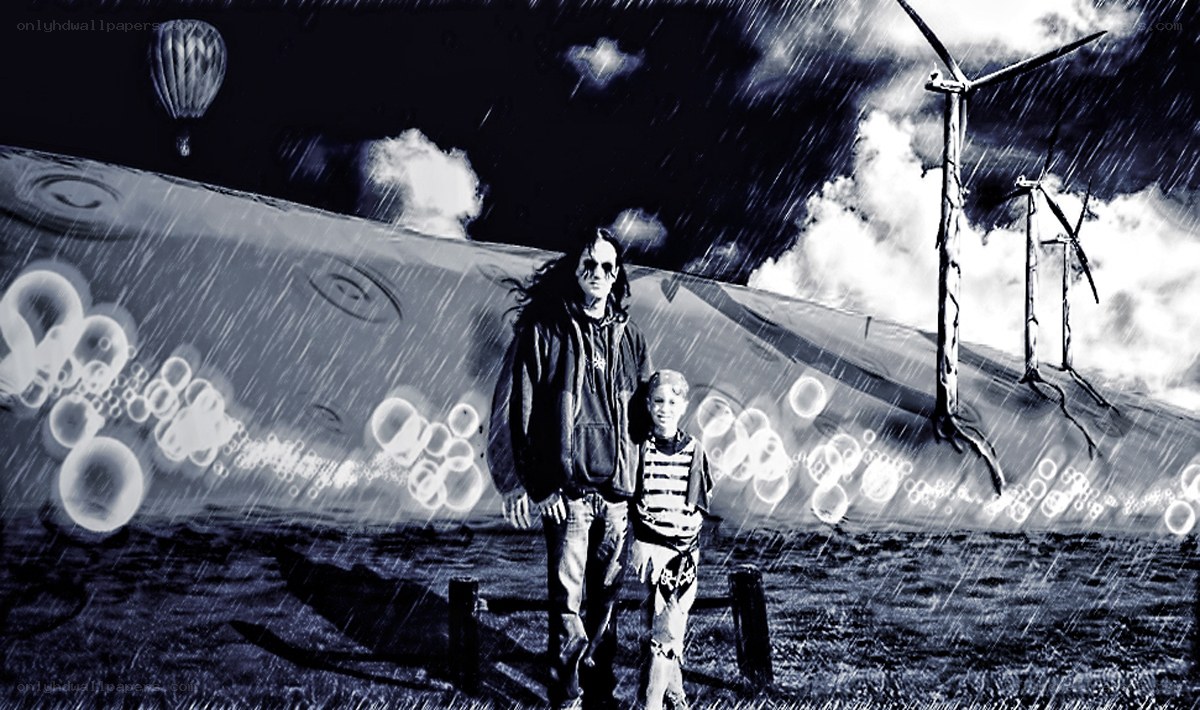 Rainy scene with wind turbines