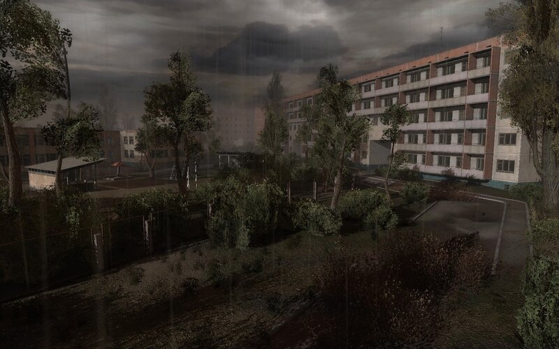 rainy schoolyard scene