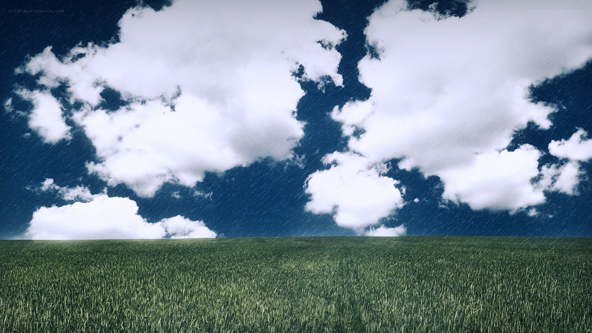 rainy sky over green field