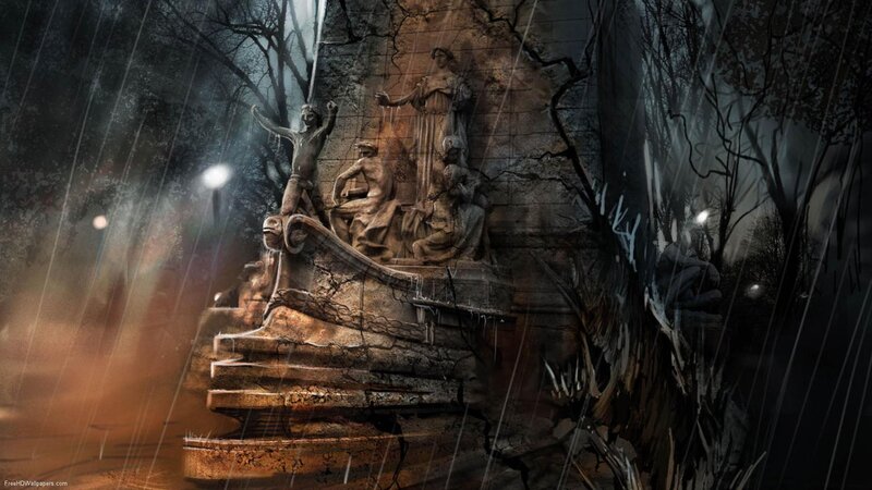rainy statue in dark forest