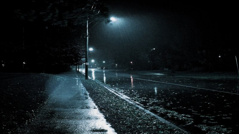 Rainy Street at Night — Black, Dark, Photograph, Street Light, Sidewalk, Trees, Blue