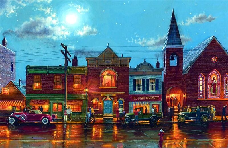 Rainy Street at Night — Blue, Dramatic, Painting