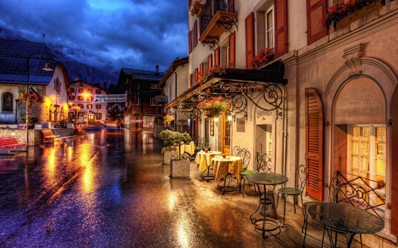 Rainy Street at Night — Blue, Dramatic, Photograph, Buildings