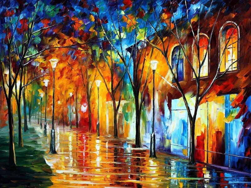 Rainy Street at Night — Blue, Vibrant