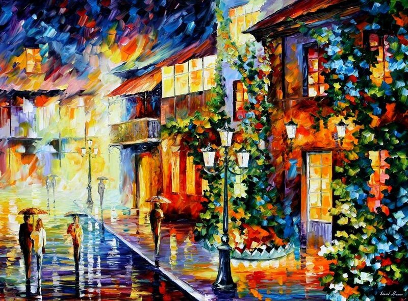 Rainy Street at Night — Yellow, Vibrant, Painting, People