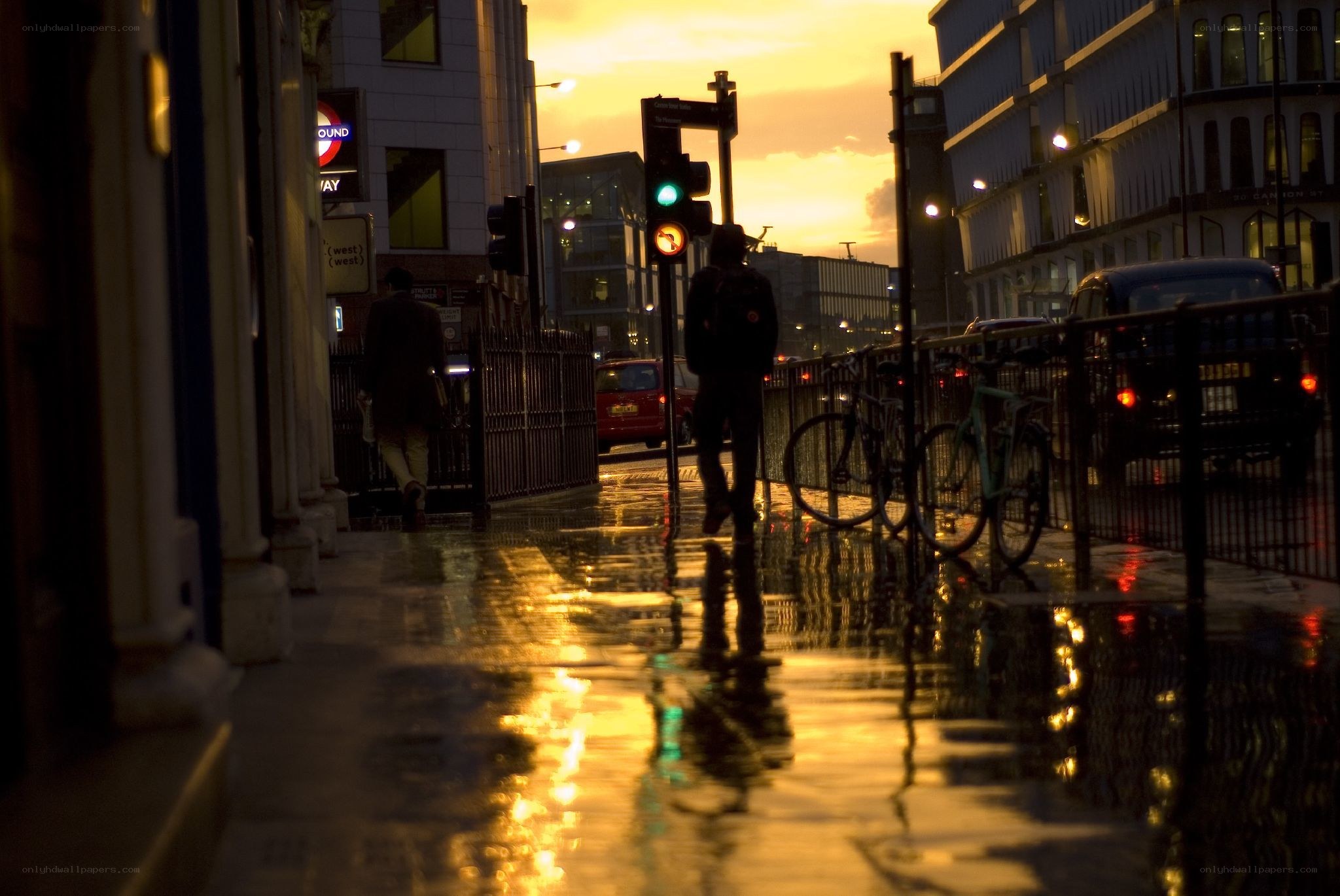 rainy street at sunset