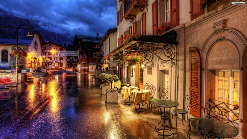 Rainy Street Cafe — Blue, Dramatic, Night, Photograph, Buildings