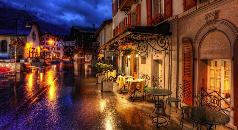 Rainy Street Cafe — Blue, Dramatic, Night, Photograph