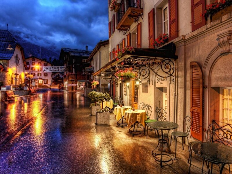 Rainy Street Cafe — Blue, Dramatic, Night
