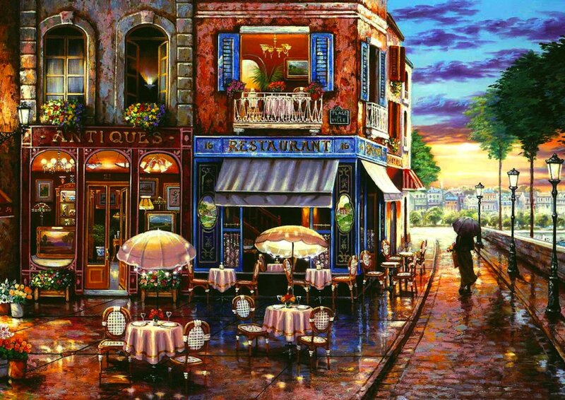 Rainy Street Cafe — Blue, Dramatic, Sunset