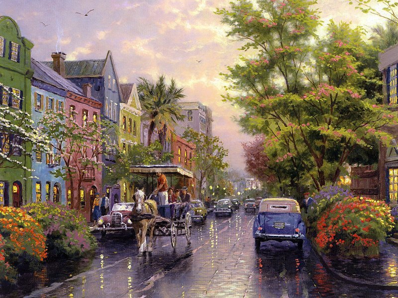 Rainy street in a colorful town