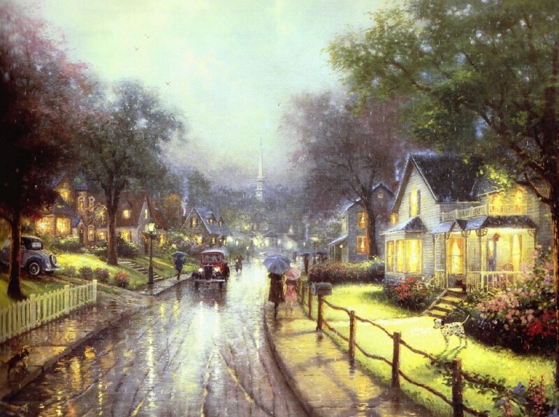 Rainy Street in a Cozy Town