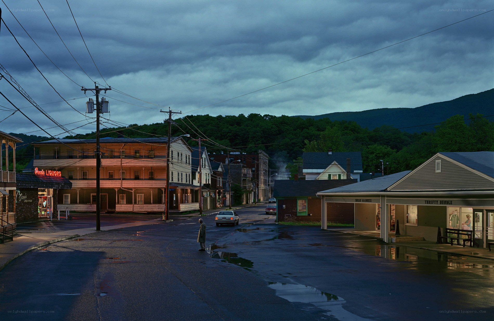Rainy street in a small town