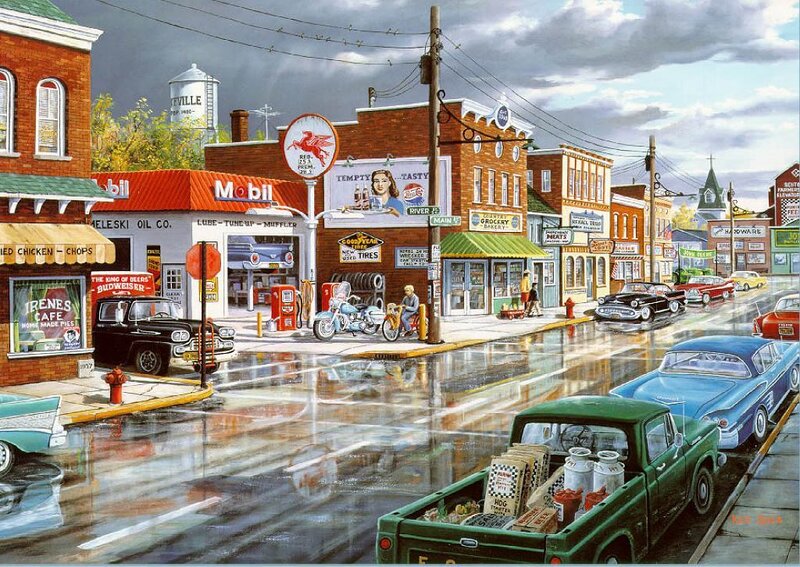 Rainy street in a small town