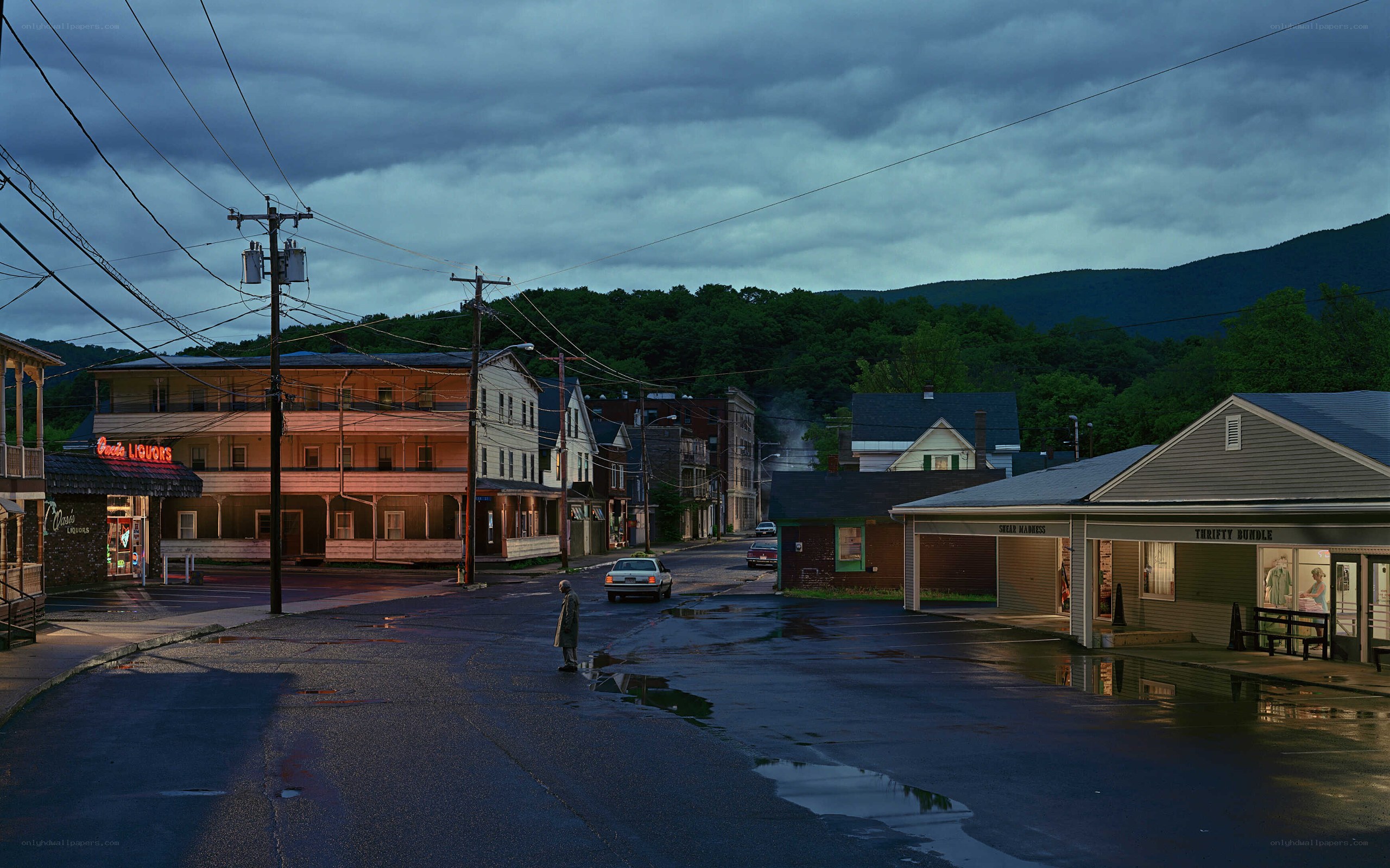 Rainy street in a small town