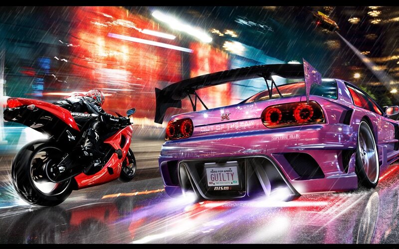 Rainy street race with car and motorcycle