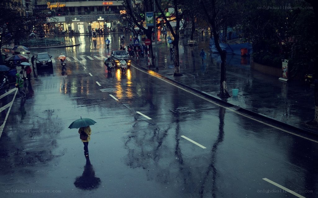 Rainy street scene at night
