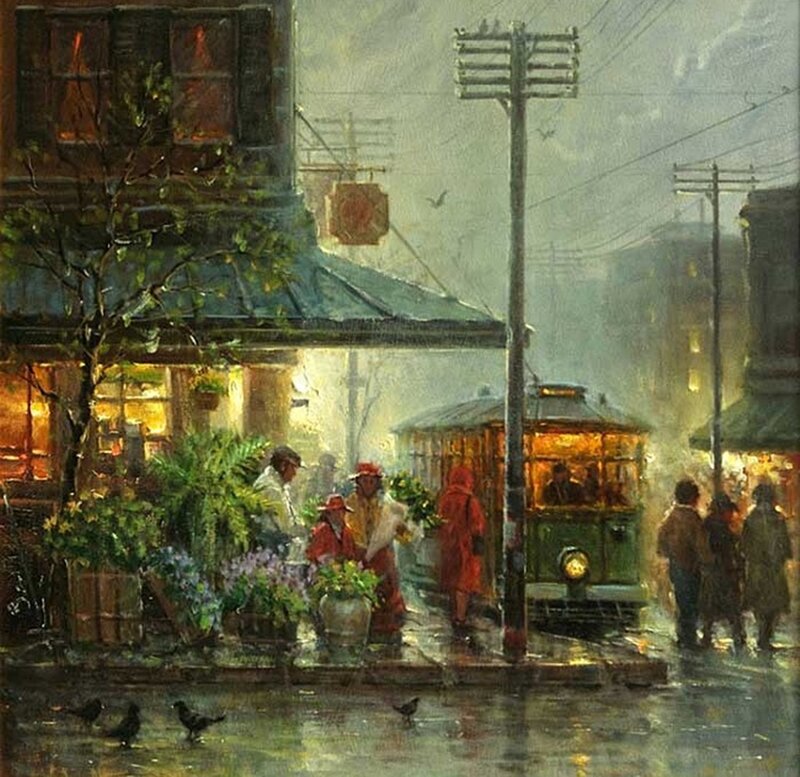 Rainy Street Scene — Green, Dramatic, Night