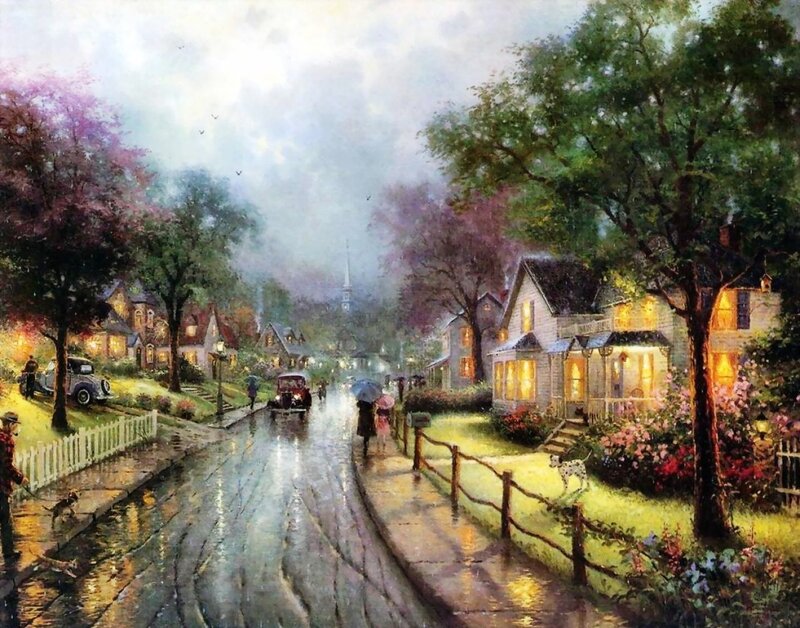 Rainy Street Scene — Green, Serene