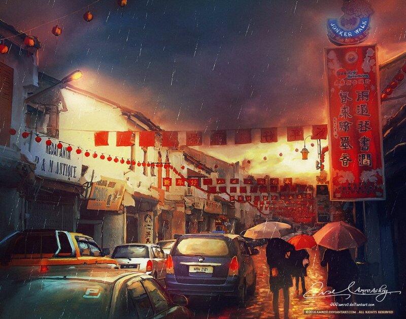 Rainy Street Scene — Red, Dramatic