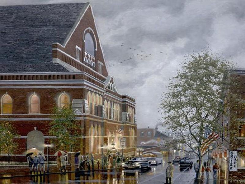 Rainy street scene with historic building