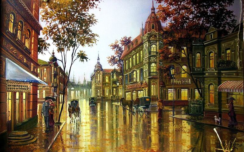 Rainy Street Scene — Yellow, Serene, Autumn