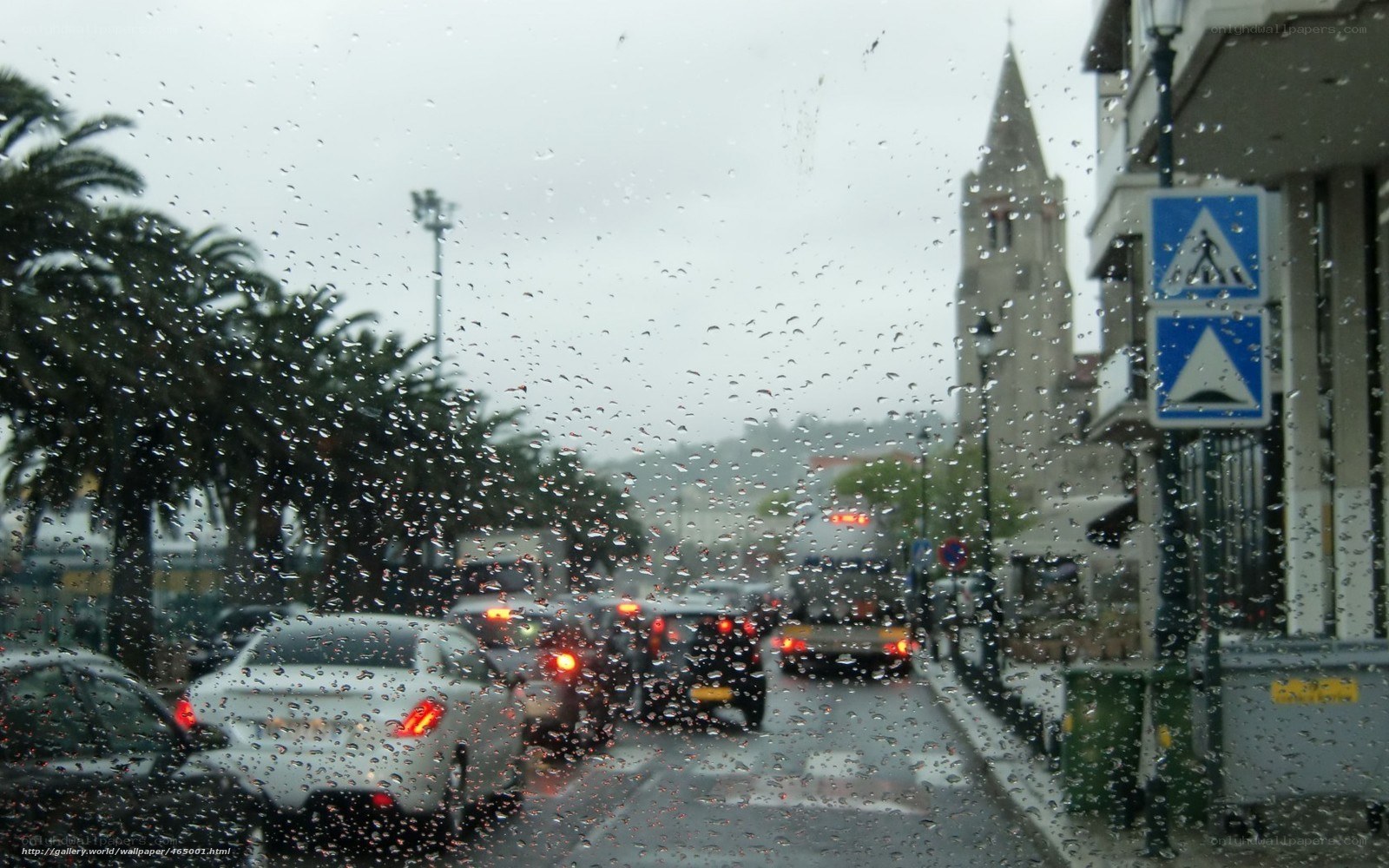 Rainy street view from car