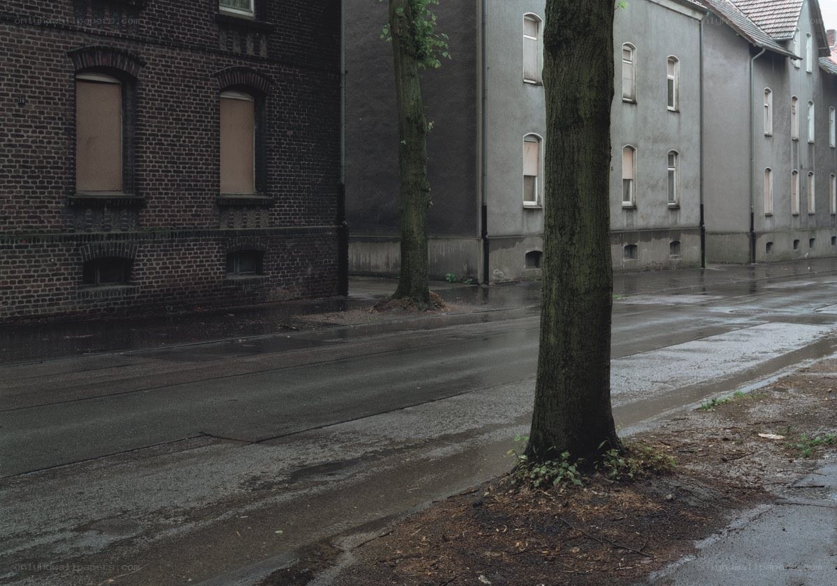 Rainy street with brick buildings
