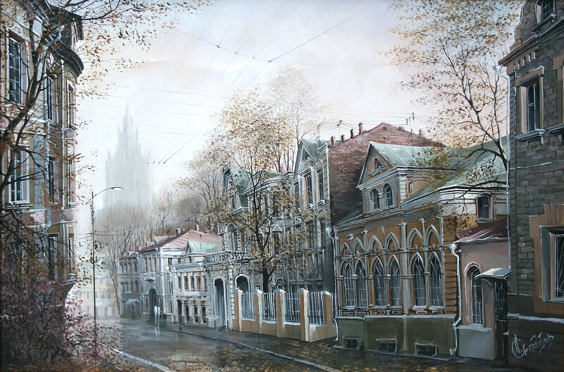 Rainy Street with Buildings — Gray