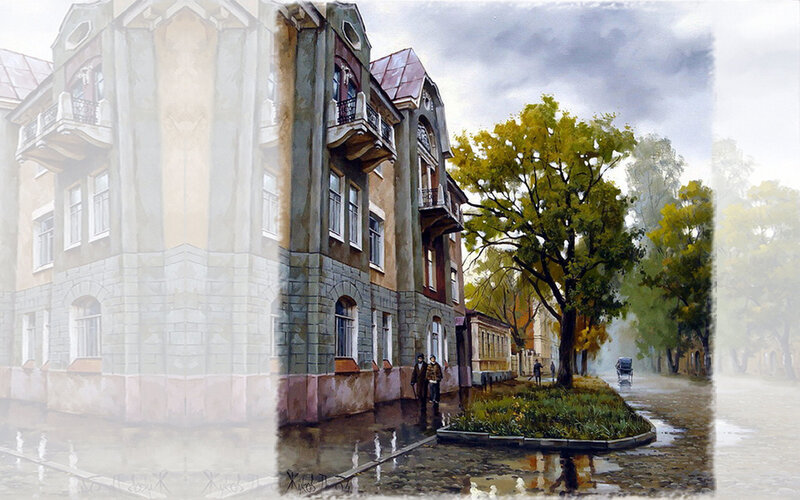 Rainy Street with Buildings