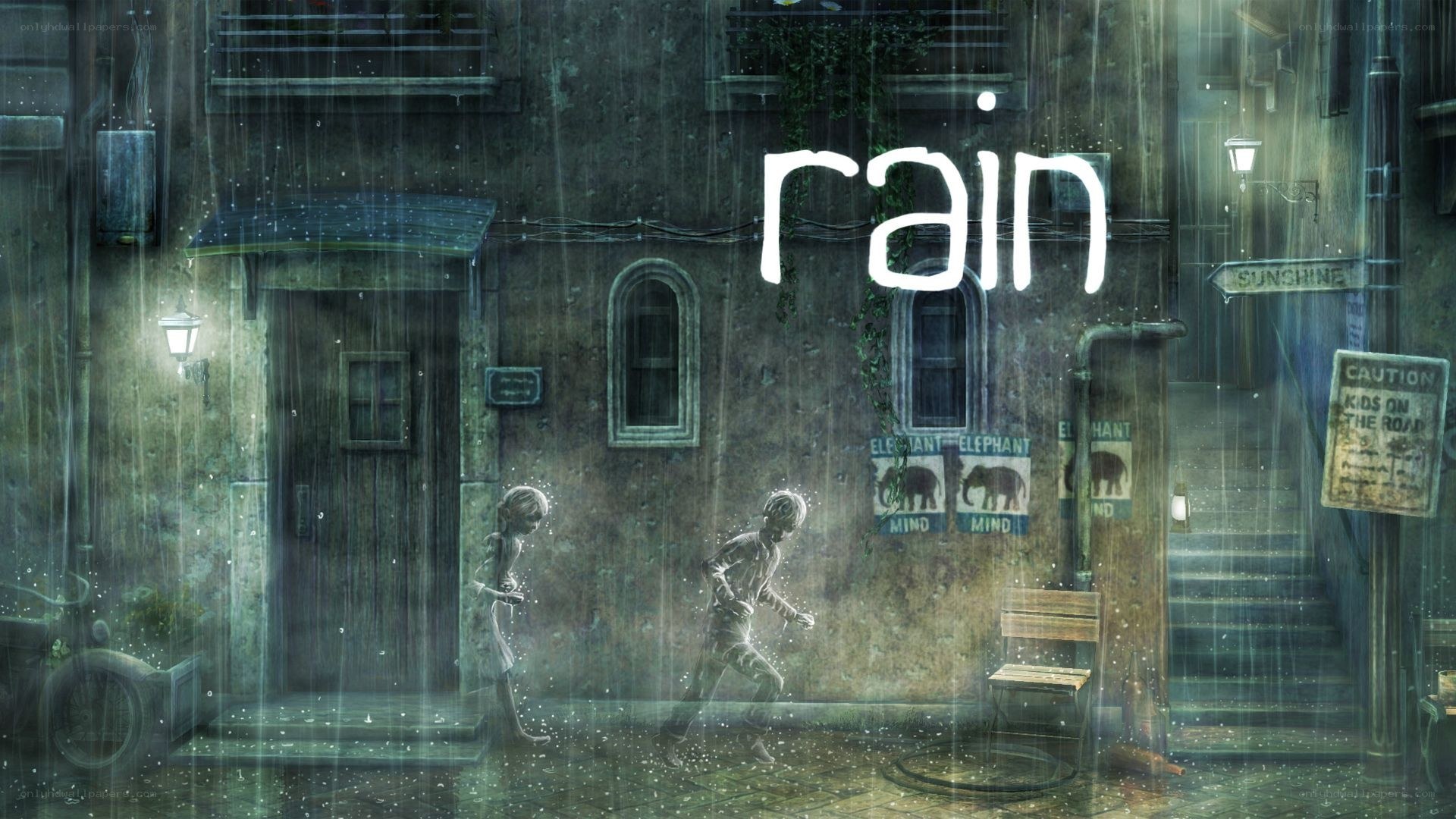 Rainy street with children
