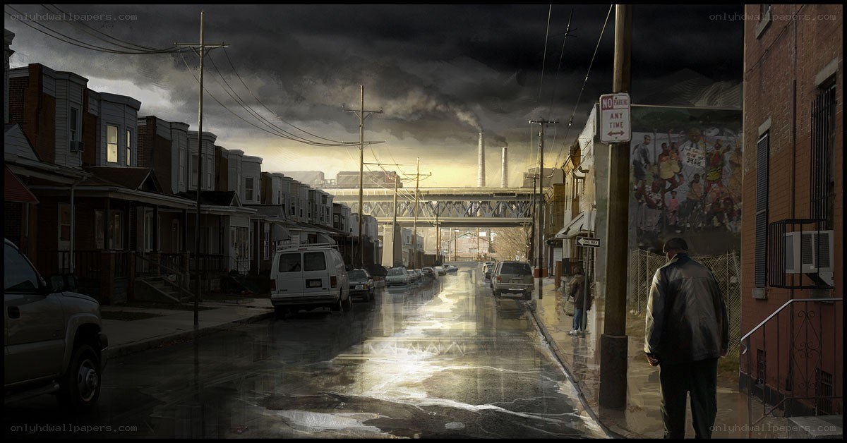 rainy street with industrial backdrop