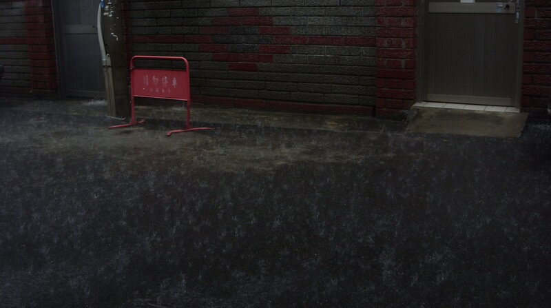 Rainy street with red sign