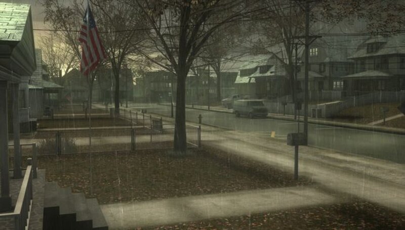 rainy suburban street scene