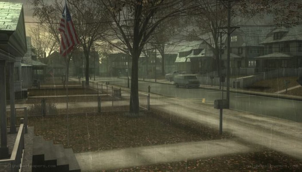 rainy suburban street scene